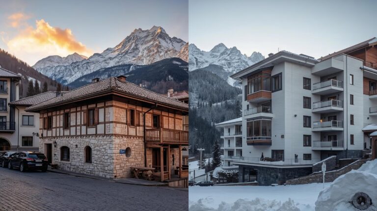 Comparison between a traditional house in the old town and a modern holiday complex in Bansko against the backdrop of Pirin Mountain.