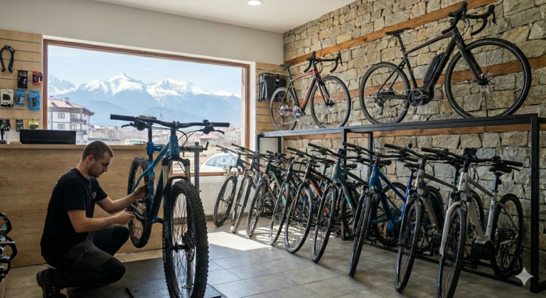 A modern bike shop with a stone wall and wooden elements. In the foreground, a mechanic crouched at a stand repairs a blue mountain bike. On the right are rows of new bikes, and in the background, through a large display window, snow-capped mountain peaks and a blue sky are visible.