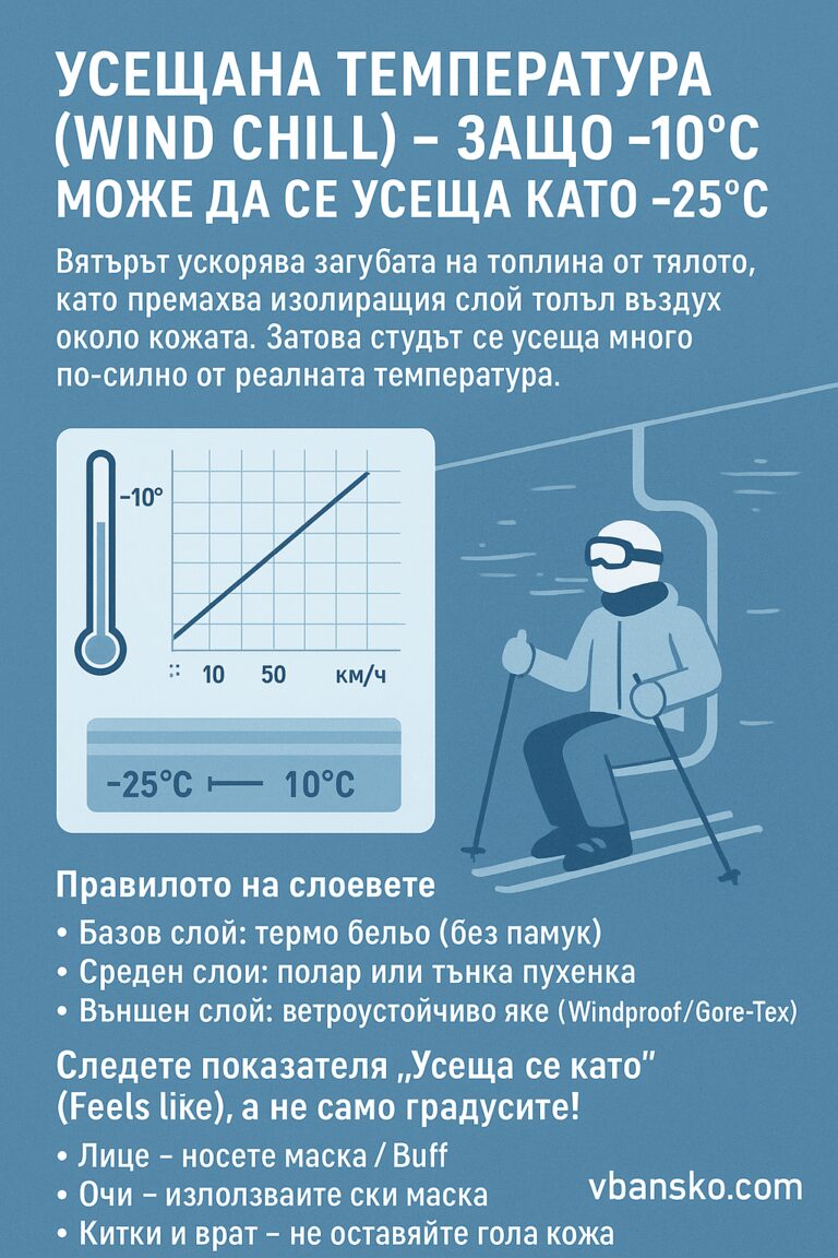 Инфографика, обясняваща феномена на усещаната температура (Wind Chill) и защо -10°C може да се усеща като -25°C при вятър. Включва илюстрация на скиор на лифт, графика на зависимостта между вятър и температура, както и практически съвети за обличане на слоеве и защита на лицето при ски.