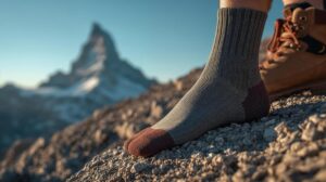Hiking socks made of merino wool against the backdrop of Vihren Peak in Pirin