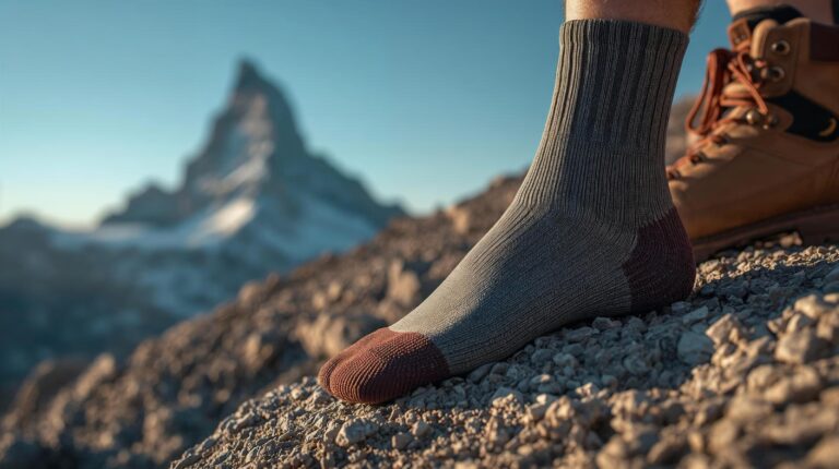 Hiking socks made of merino wool against the backdrop of Vihren Peak in Pirin