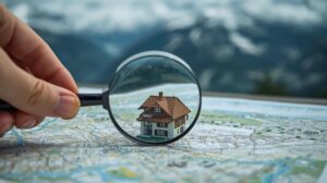 ъка държи лупа, увеличаваща миниатюрен модел на къща, поставен върху разгъната карта на фона на замъглени планини.