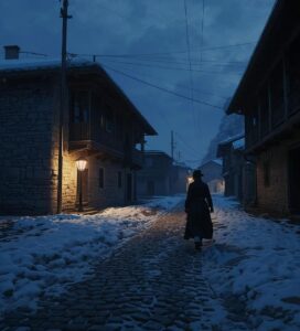 Стара банска къща от камък и дърво през зимата с калдъръмена улица.