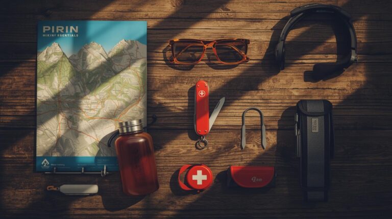 Mountaineering equipment and the 10 most important survival items arranged on a wooden table