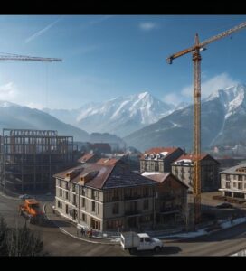 Строителство на хотели и Кемпински Гранд Арена в Банско през 2004 на фона на Пирин планина.