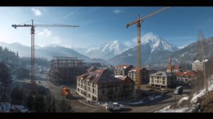Construction of hotels and Kempinski Grand Arena in Bansko in 2004 against the backdrop of the Pirin Mountains.