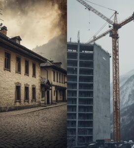 Контраст между стария град и новото строителство по време на голямата трансформация на Банско през 2005 г.