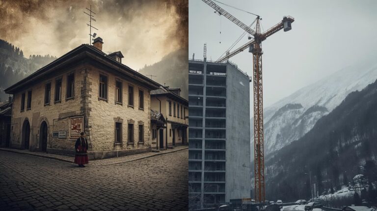Contrast between the old town and new construction during the great transformation of Bansko in 2005.