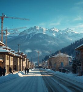 Строителство на хотели и ски писти в Банско 2006 година на фона на Пирин планина