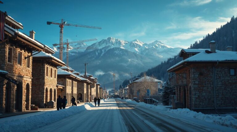 Construction of hotels and ski slopes in Bansko 2006 against the backdrop of the Pirin Mountains
