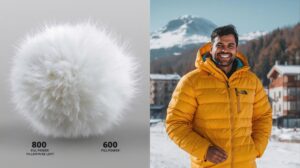 Comparison of Fill Power 600 and 800 and a person with a down jacket in Bansko