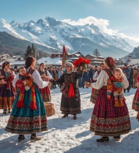 Млади жени в носии с бебета в цедилки играят хоро на Бабинден в Банско.