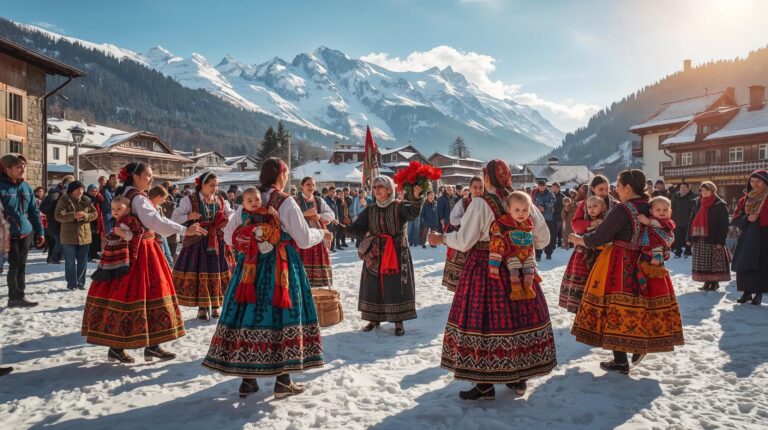 Young women in costumes with babies in cots dance a horo on Babinden in Bansko.