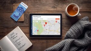 Planning a vacation in Bansko with Booking.com map and ski accessories