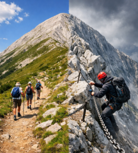 Колаж на връх Вихрен в Пирин – южният маршрут Кабата със слънчева пътека и туристи срещу северния ръб към Казаните със стръмен мрамор, метална верига и алпинист над пропаст.