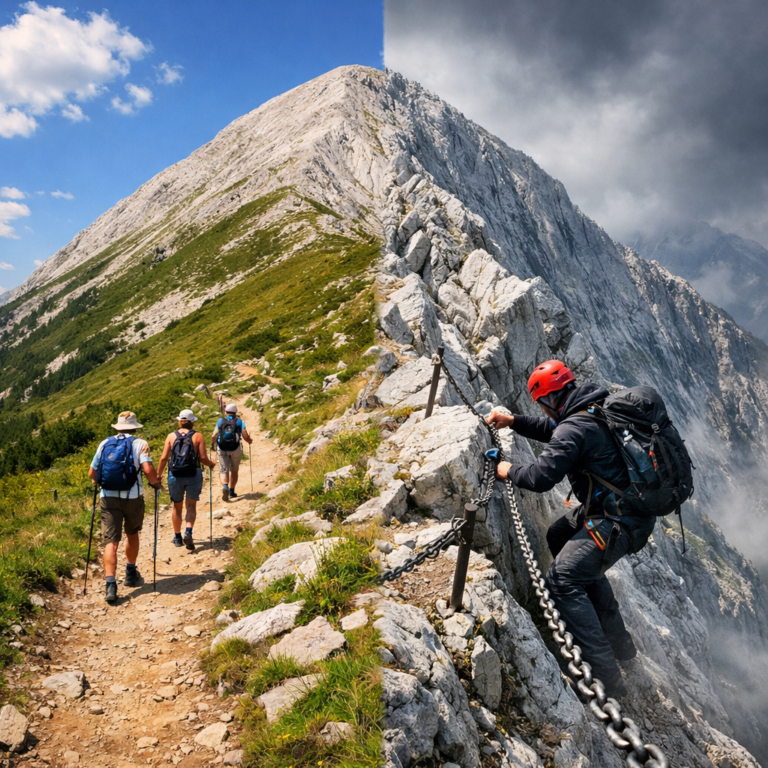 Collage of Vihren Peak in Pirin – the southern route Kabata with a sunny path and tourists facing the northern edge towards Kazanite with steep marble, a metal chain and a climber over a precipice.