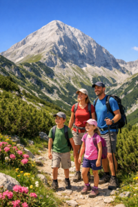 A family on a walk along easy routes around Bansko in the Pirin Mountains with a view of Vihren Peak.