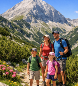 Семейство на разходка по леки маршрути около Банско в Пирин планина с гледка към връх Вихрен.