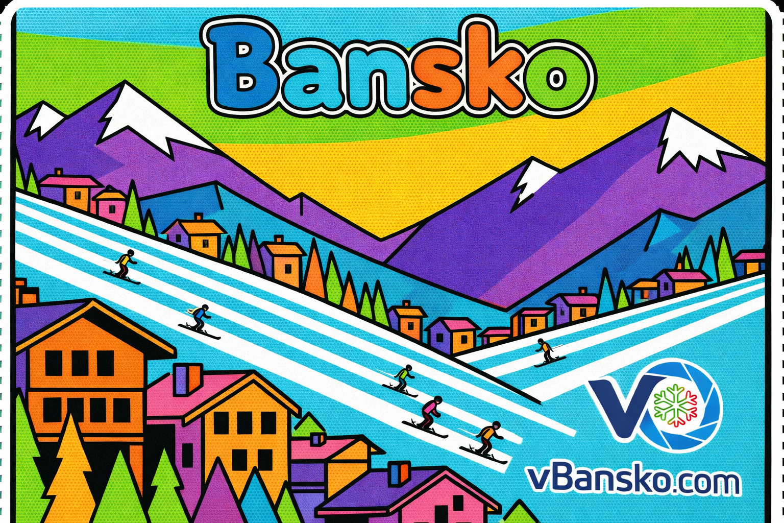 Илюстрация на Банско с цветни къщи, скиори по пистите и Пирин планина на заден план, с логото vBansko.com в долния десен ъгъл.
