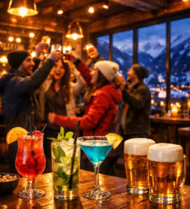 Нощен живот в Банско - интериор на модерен бар с коктейли и весела компания