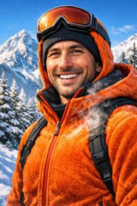 урист с яке Polartec технология на фона на връх Тодорка в Банско.