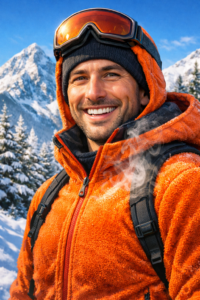 A hiker with a Polartec technology jacket against the backdrop of Mount Todorka in Bansko.