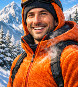 урист с яке Polartec технология на фона на връх Тодорка в Банско.