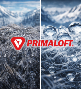 Макро снимка, сравняваща водоустойчивостта на естествен пух (вляво) и синтетична изолация PrimaLoft (вдясно). Логото на PrimaLoft е в центъра, а водните капки се отблъскват от синтетичните влакна.