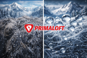 A macro shot comparing the water resistance of natural down (left) and synthetic PrimaLoft insulation (right). The PrimaLoft logo is in the center, and water droplets are repelled by the synthetic fibers.