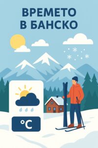 Иллюстрация зимнего горного пейзажа в Банско с горами, лыжником, домом и значками, обозначающими изменения погоды — солнце, облака и снегопад, температура 0°C.
