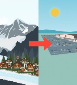 Инфографика сравнение: планинският терен на Банско с малки магазини срещу равнината на Разлог с хипермаркети Lidl и големи паркинги.