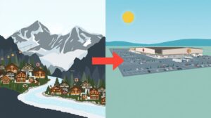 Infographic comparison: the mountainous terrain of Bansko with small shops versus the plain of Razlog with Lidl hypermarkets and large parking lots.
