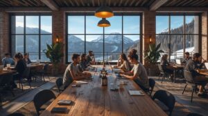 Shared workspace (coworking) in Bansko with digital nomads and a view of the Pirin Mountain.
