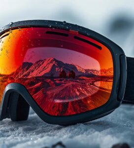 Модерна ски маска със сферична плака отразяваща планината