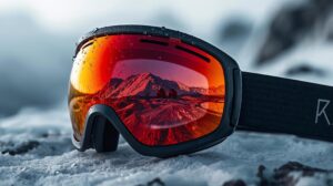 Modern ski mask with a spherical plate reflecting the mountain