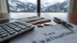 Calculating taxes when selling a property in Bansko with a calculator and documents.