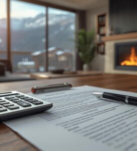 Калкулатор и договор за покупка на имот с начислен 20% ДДС на фона на планински апартамент