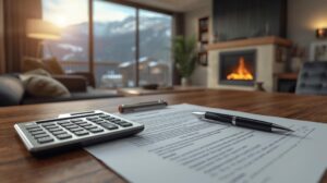 Calculator and property purchase contract with 20% VAT charged against the backdrop of a mountain apartment