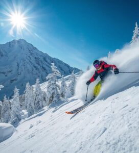 Фрирайд скиор се спуска в дълбока пудра под връх Тодорка в Банско.
