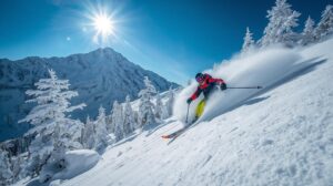 A freeride skier descends into deep powder below Todorka Peak in Bansko.