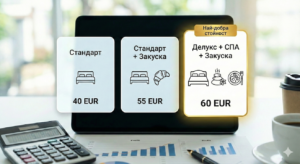 A tablet graphic illustrating price psychology with three options: Standard (40 EUR), Standard + Breakfast (55 EUR) and Deluxe Package (60 EUR).