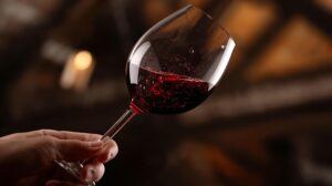 A glass of red wine shaken for tasting in a cozy setting