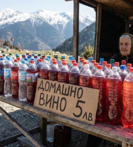 Сергия с домашно вино в пластмасови бутилки на пазара в Банско