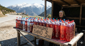 Stall with homemade wine in plastic bottles at the market in Bansko