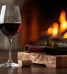 Правилно сервиране на червено вино в чаша на фона на камина в Банско
