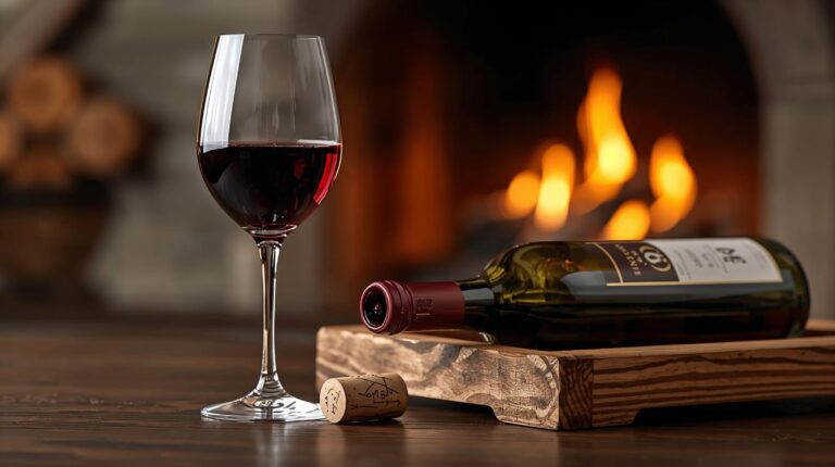 Proper serving of red wine in a glass against the backdrop of a fireplace in Bansko