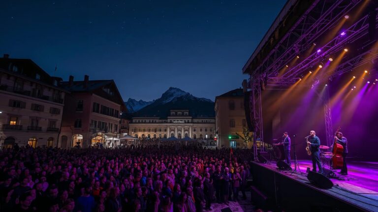 Stage at the Bansko International Jazz Festival at night with audience and Pirin Mountain