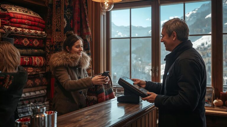 A tourist pays contactlessly with a phone at a POS terminal in a store in Bansko