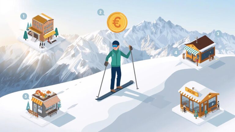 Infographic showing the economic formula 1 to 5 for ski tourism in Bansko and distribution of funds.