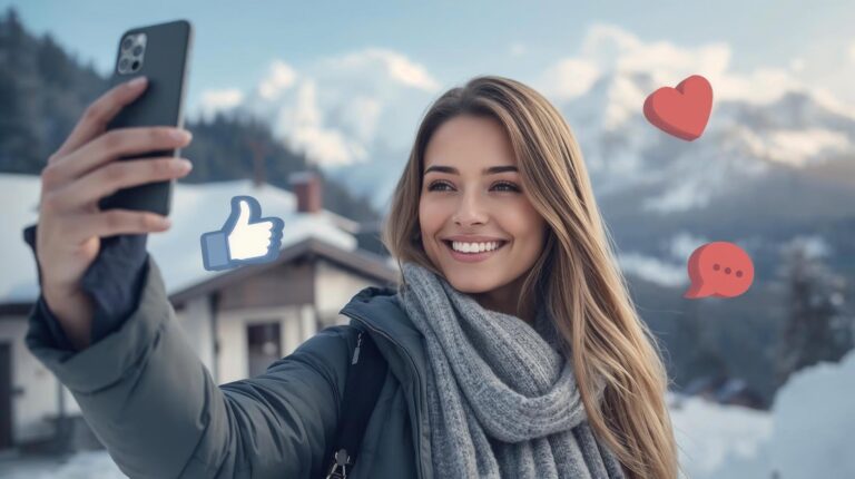 A real estate broker in Bansko takes a selfie for his personal Facebook profile